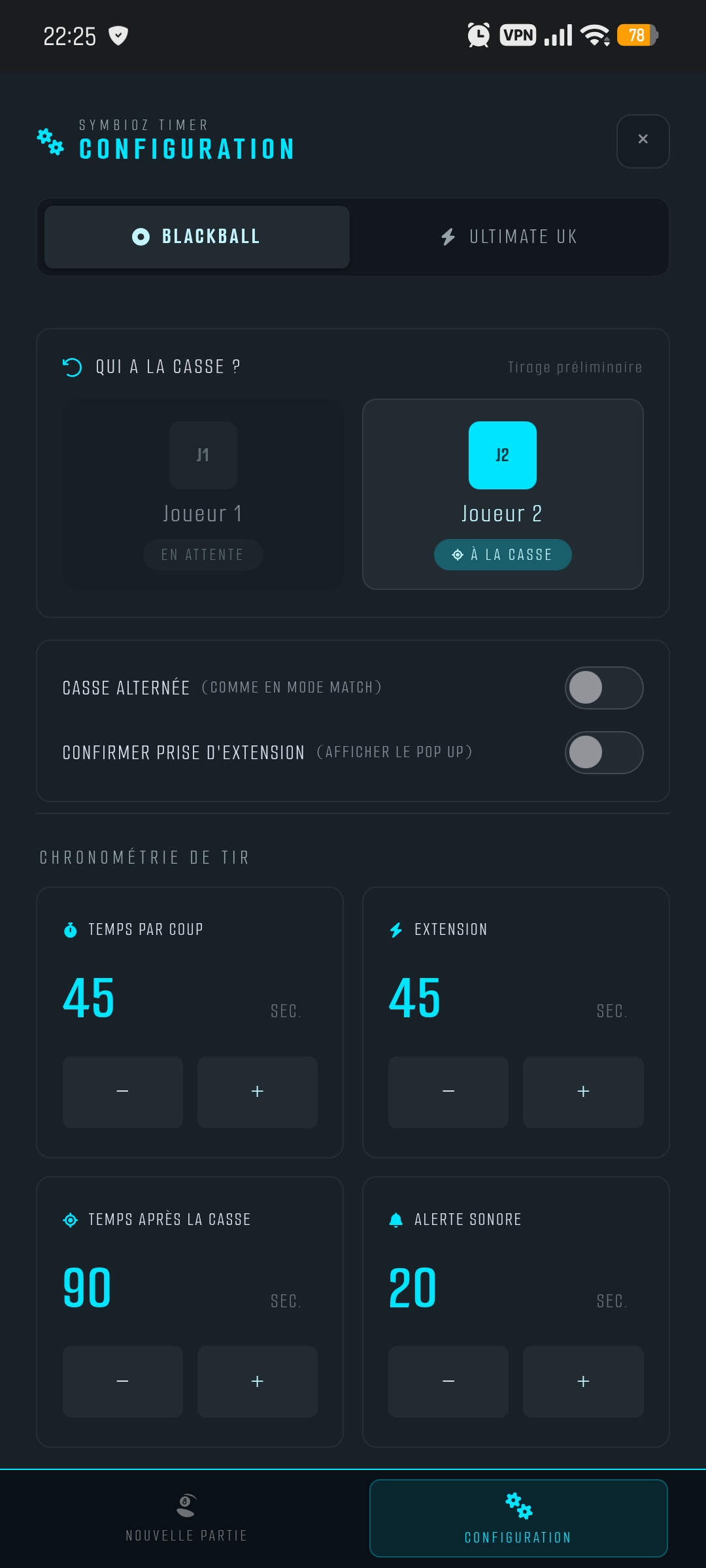 Écran de configuration des temps