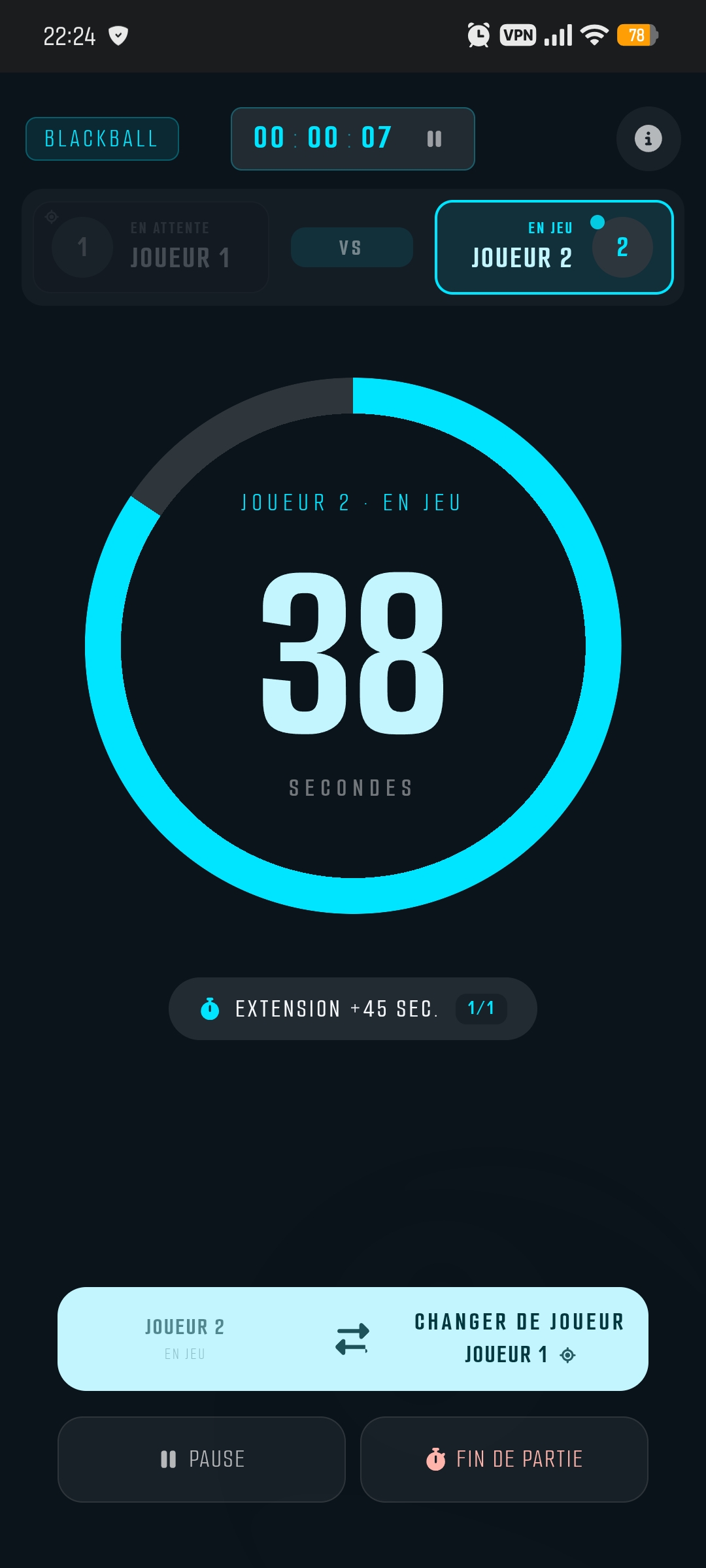 Partie Blackball en cours — Joueur 2 en jeu, cadran 38 secondes