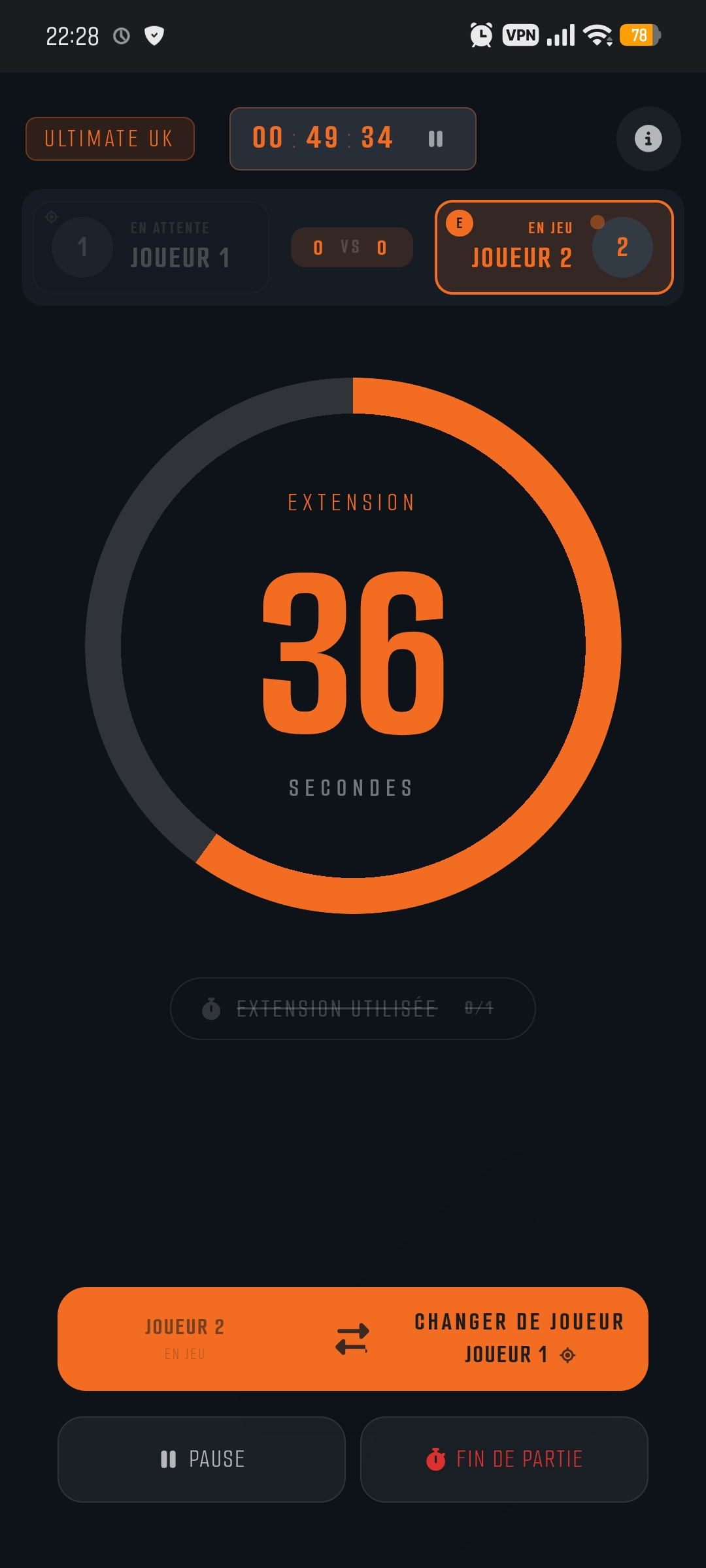 Match Ultimate en cours — extension, cadran 36 secondes